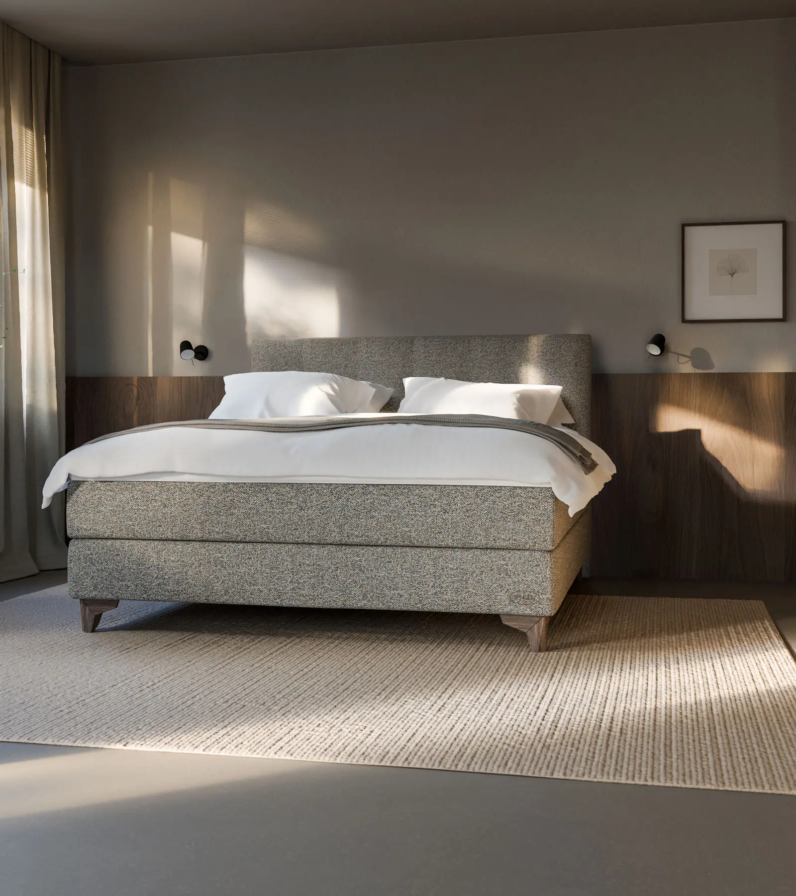 Jensen Prestige Continental Seamless Bett 180x200 SL-III mit Eicon 14cm Smoked Oak Füßen und Kopfteil FenixDecor 397 – luxuriöses Boxspringbett im skandinavischen Design.