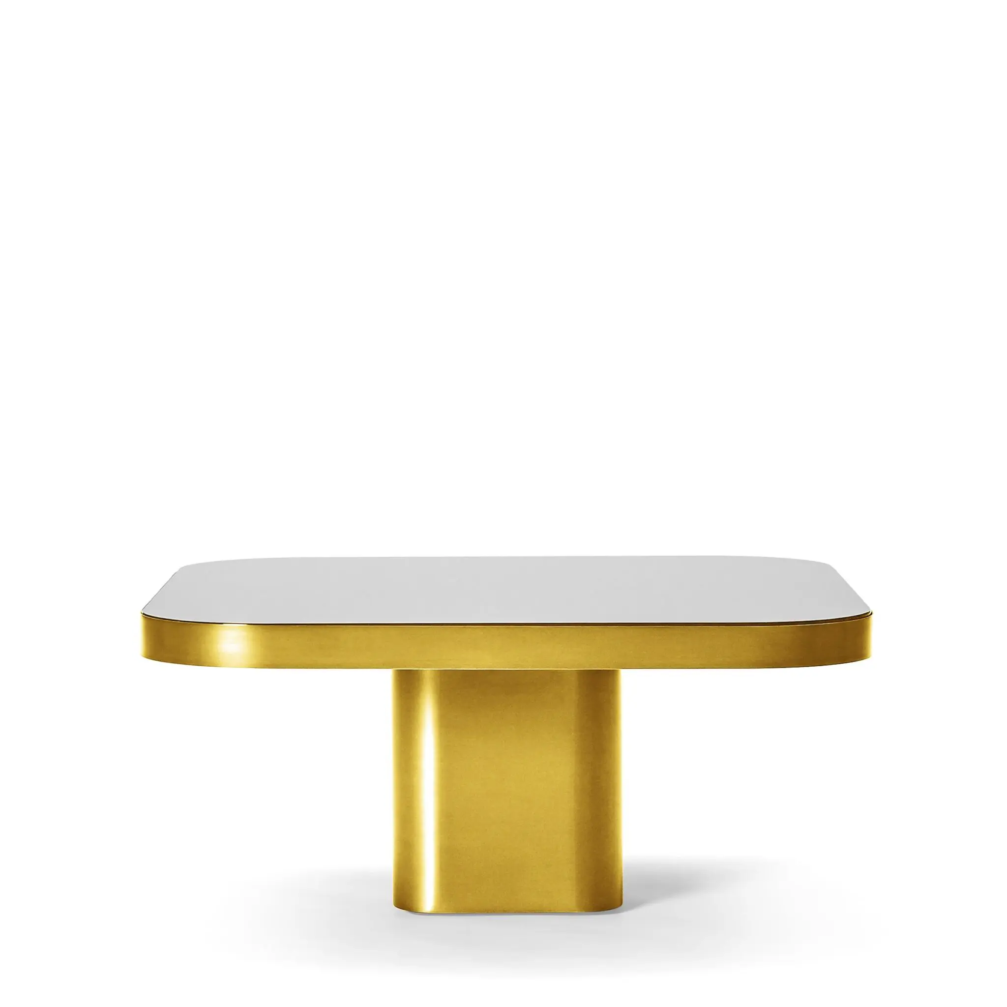 Bow Coffee Table No. 3 Couchtisch mit poliertem Messinggestell und transparenter Glasplatte im modernen Interior-Design