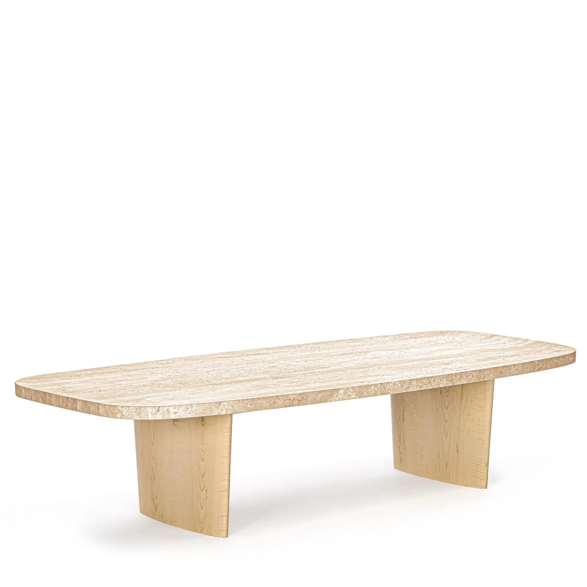 Materia Side Table Design-Wohnzimmertisch von ClassiCon, entworfen von Christian Haas, mit Gestell aus Esche massiv und Tischplatte aus Travertin oder Nero Marquina Marmor.