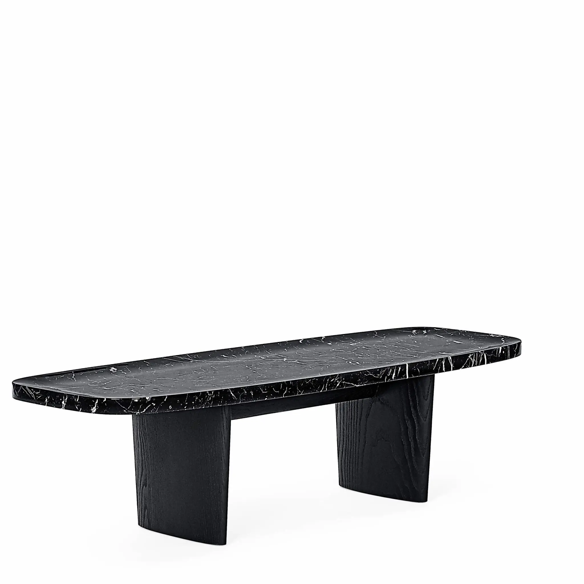 Materia Side Table Design-Wohnzimmertisch von ClassiCon, entworfen von Christian Haas, mit Gestell aus Esche massiv und Tischplatte aus Travertin oder Nero Marquina Marmor.