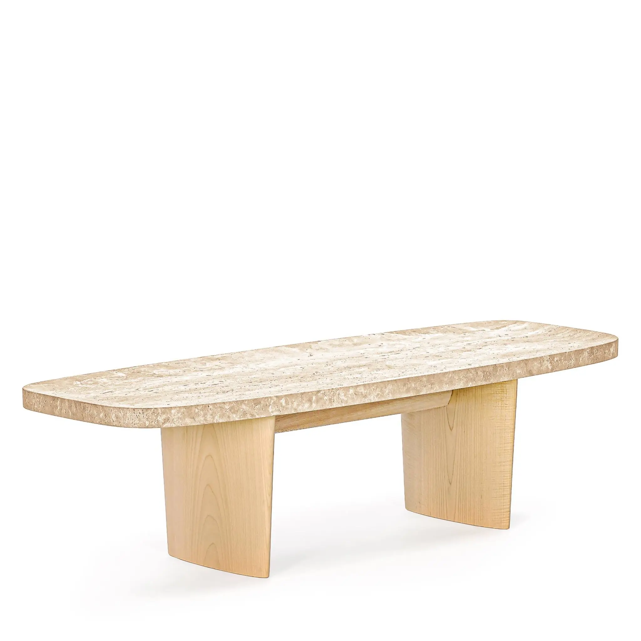 Materia Side Table Design-Wohnzimmertisch von ClassiCon, entworfen von Christian Haas, mit Gestell aus Esche massiv und Tischplatte aus Travertin oder Nero Marquina Marmor.