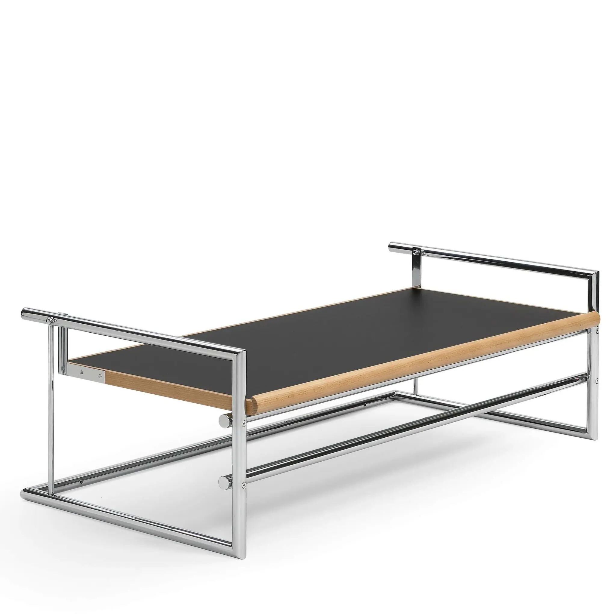 Menton Table Design-Tisch von Eileen Gray mit verchromtem Stahlrohrgestell und drehbarer Linoleum-Tischplatte in Schwarz und Grau.