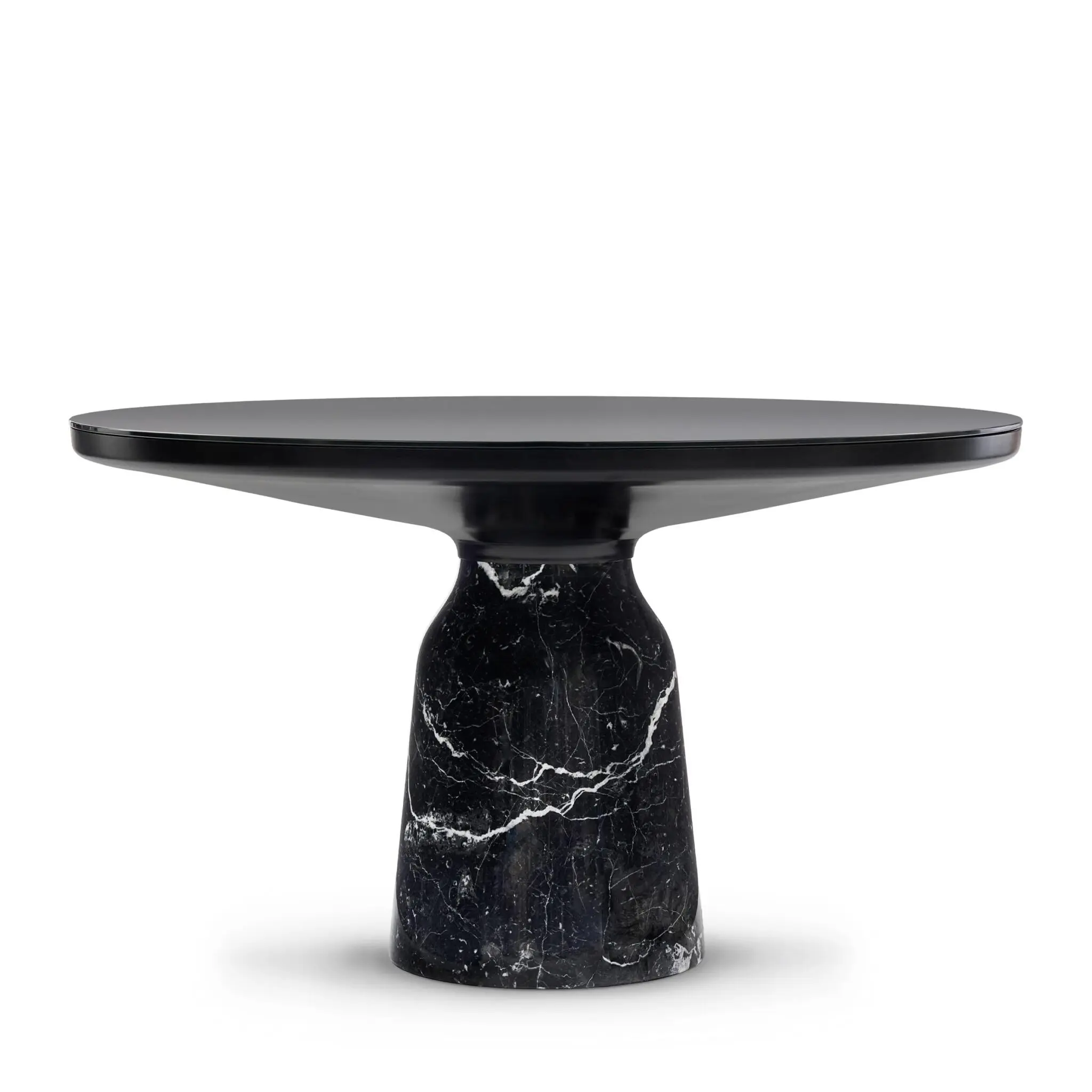 ClassiCon Bell Dining Table von Sebastian Herkner mit massivem Marmorsockel und Glasplatte – moderner Design-Esstisch aus Nero Marquina oder Verde Guatemala Marmor.