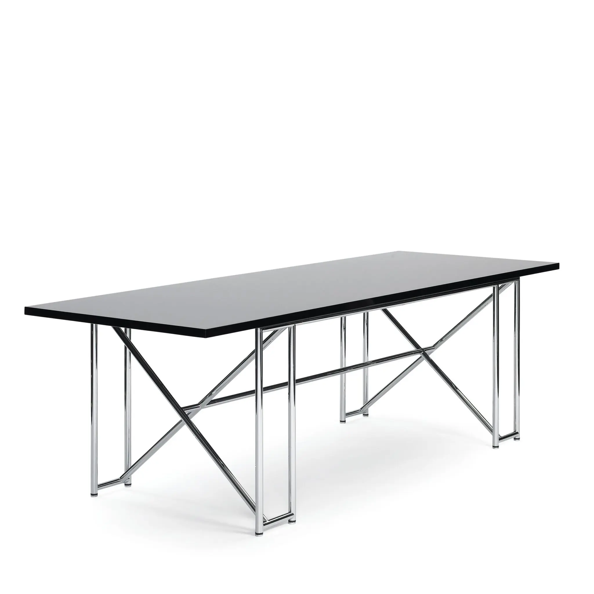 Double X Table von Eileen Gray mit verchromtem Stahlrohrgestell und Tischplatte aus klarem Kristallglas – eleganter Design-Tisch mit X-förmigen Streben.