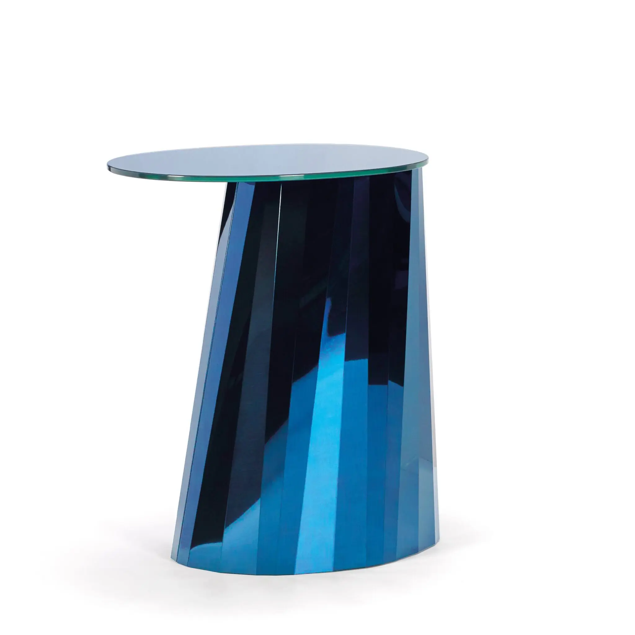 Pli Side Table Low von ClassiCon, Design Victoria Wilmotte, mit Edelstahlfuß und ovaler Glasplatte
