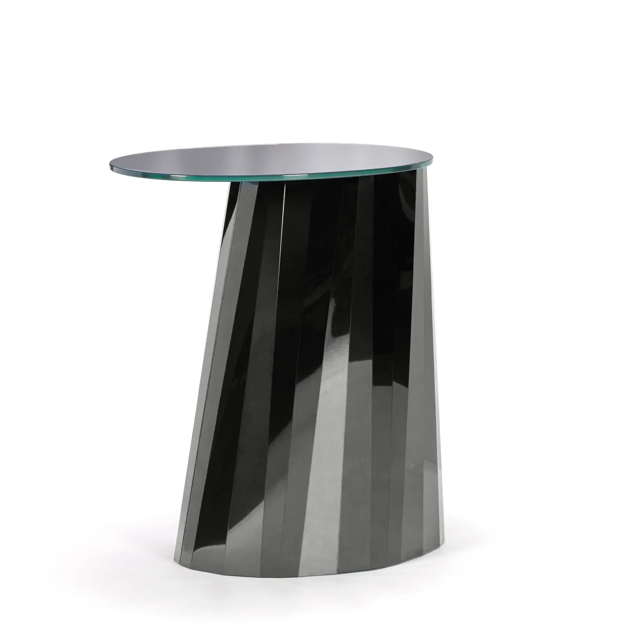 Pli Side Table Low von ClassiCon, Design Victoria Wilmotte, mit Edelstahlfuß und ovaler Glasplatte