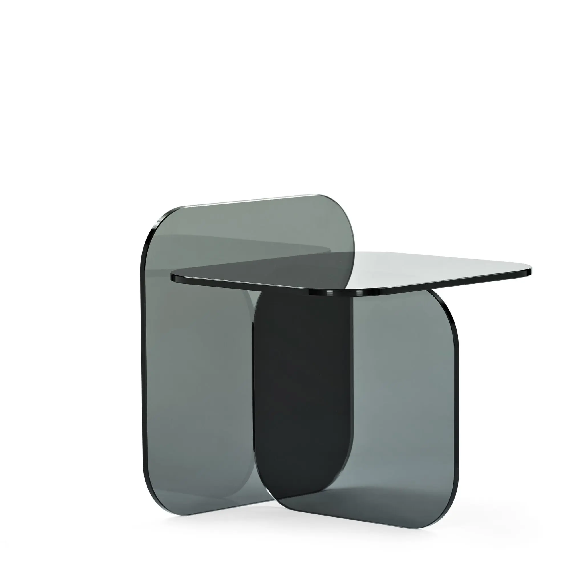 Sol Side Table von Ortega-Guijarro aus farbigem Glas mit überlappenden transparenten Flächen, moderner Design-Beistelltisch mit skulpturaler Wirkung.