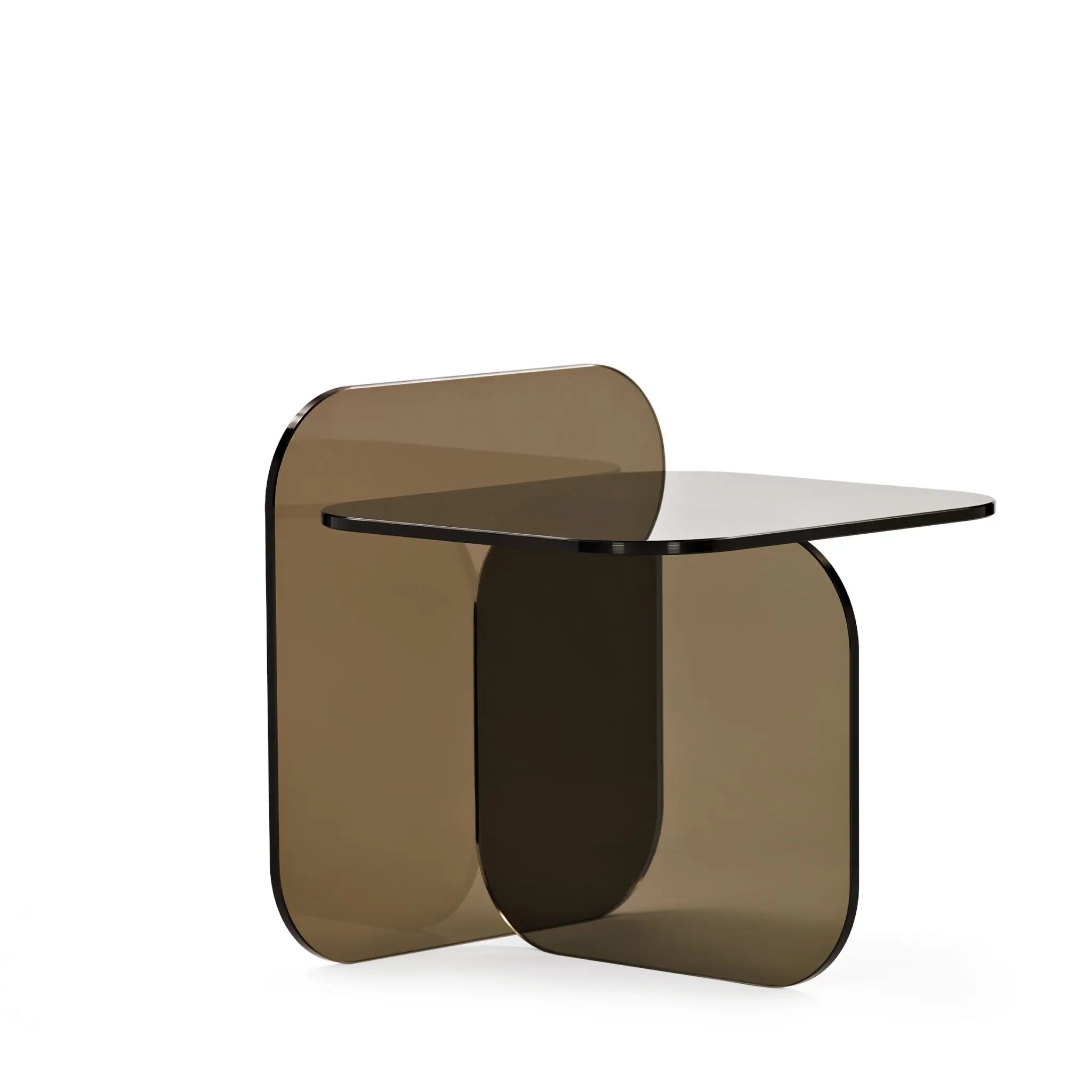 Sol Side Table von Ortega-Guijarro aus farbigem Glas mit überlappenden transparenten Flächen, moderner Design-Beistelltisch mit skulpturaler Wirkung.