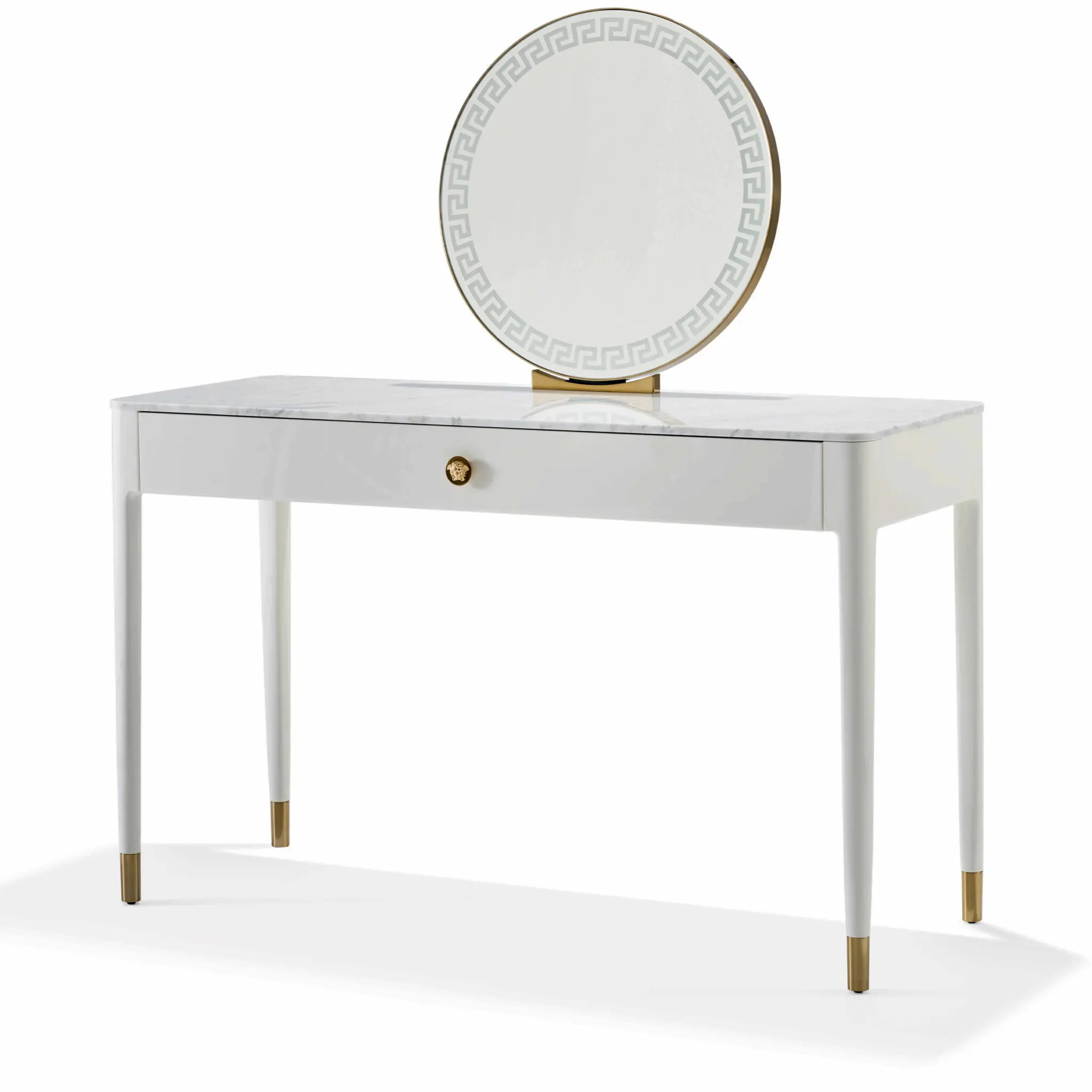 Versace Home Greca Vanity Lady Desk in Elfenbein mit Marmorplatte und rundem Greca-Spiegel im luxuriösen italienischen Design