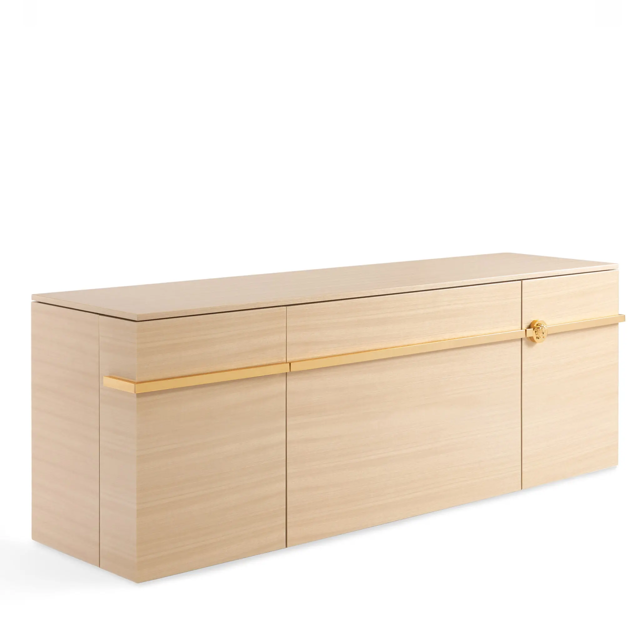 Versace Iconic Buffet Sideboard mit hellem Holzfurnier, goldener Griffleiste und Medusa Detail