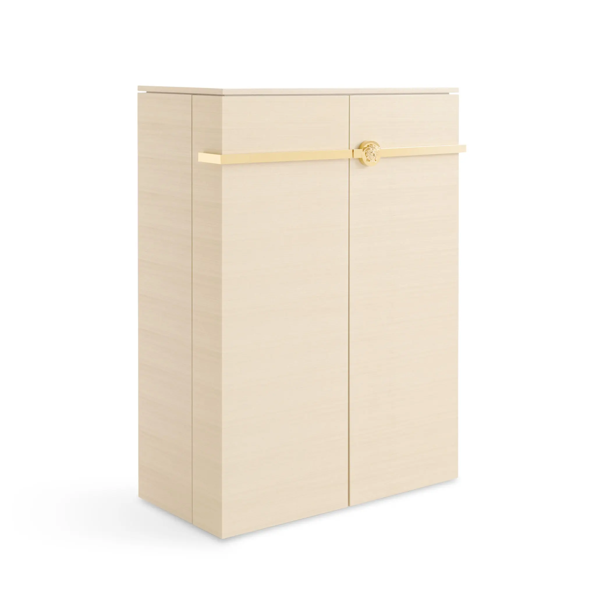 Versace Iconic Cabinet Designschrank mit Honey Awari Holz und goldener Medusa Griffleiste
