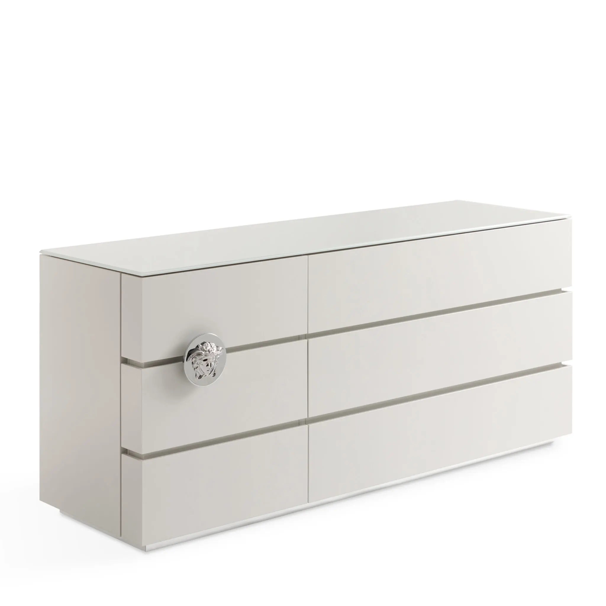 Versace Iconic Chest of Drawers mit heller Hochglanzoberfläche, Glas-Top und Medusa-Griff für elegante Luxusinterieurs.