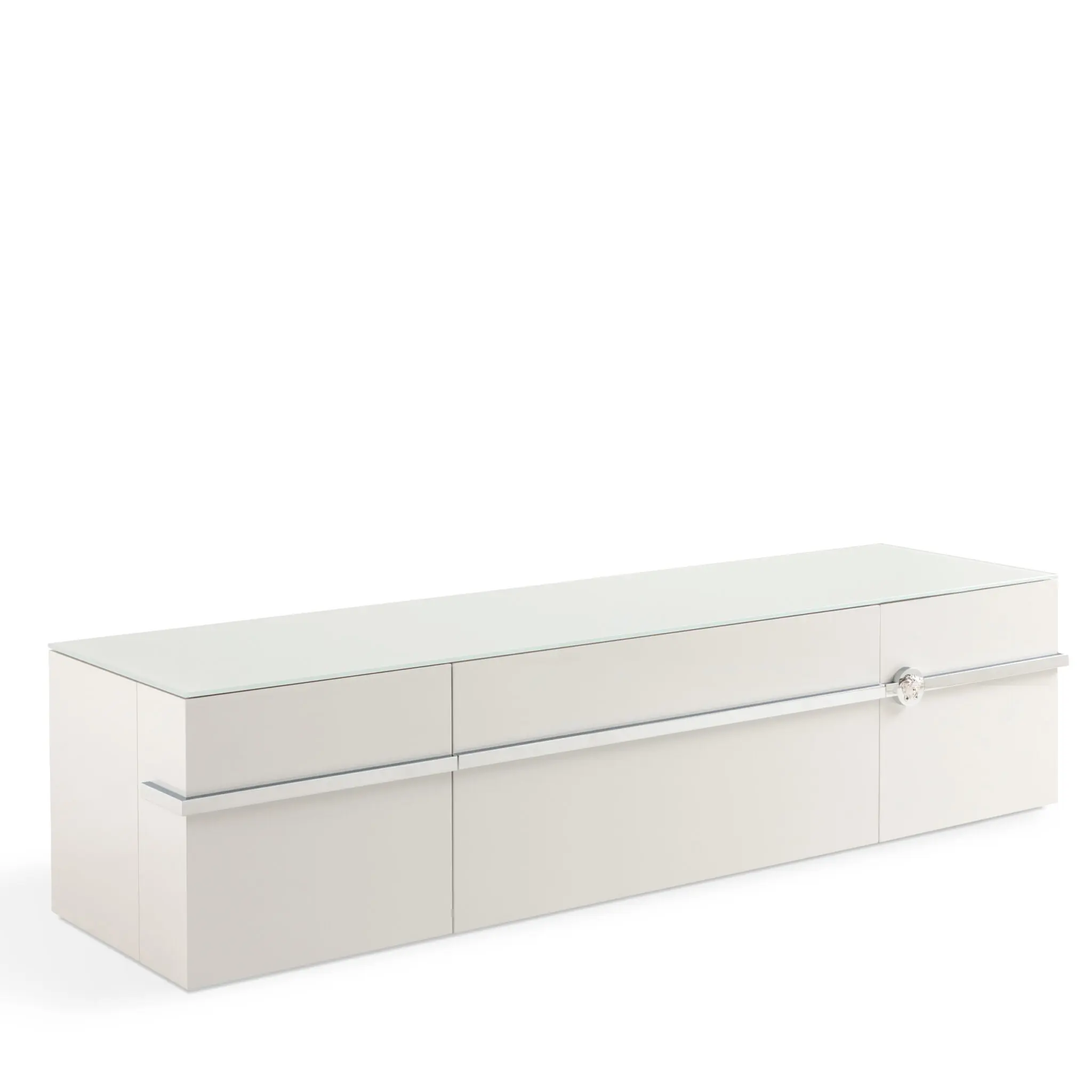 Versace Iconic Low Cabinet Lowboard mit heller Oberfläche, Glasplatte und Medusa Griffdetail