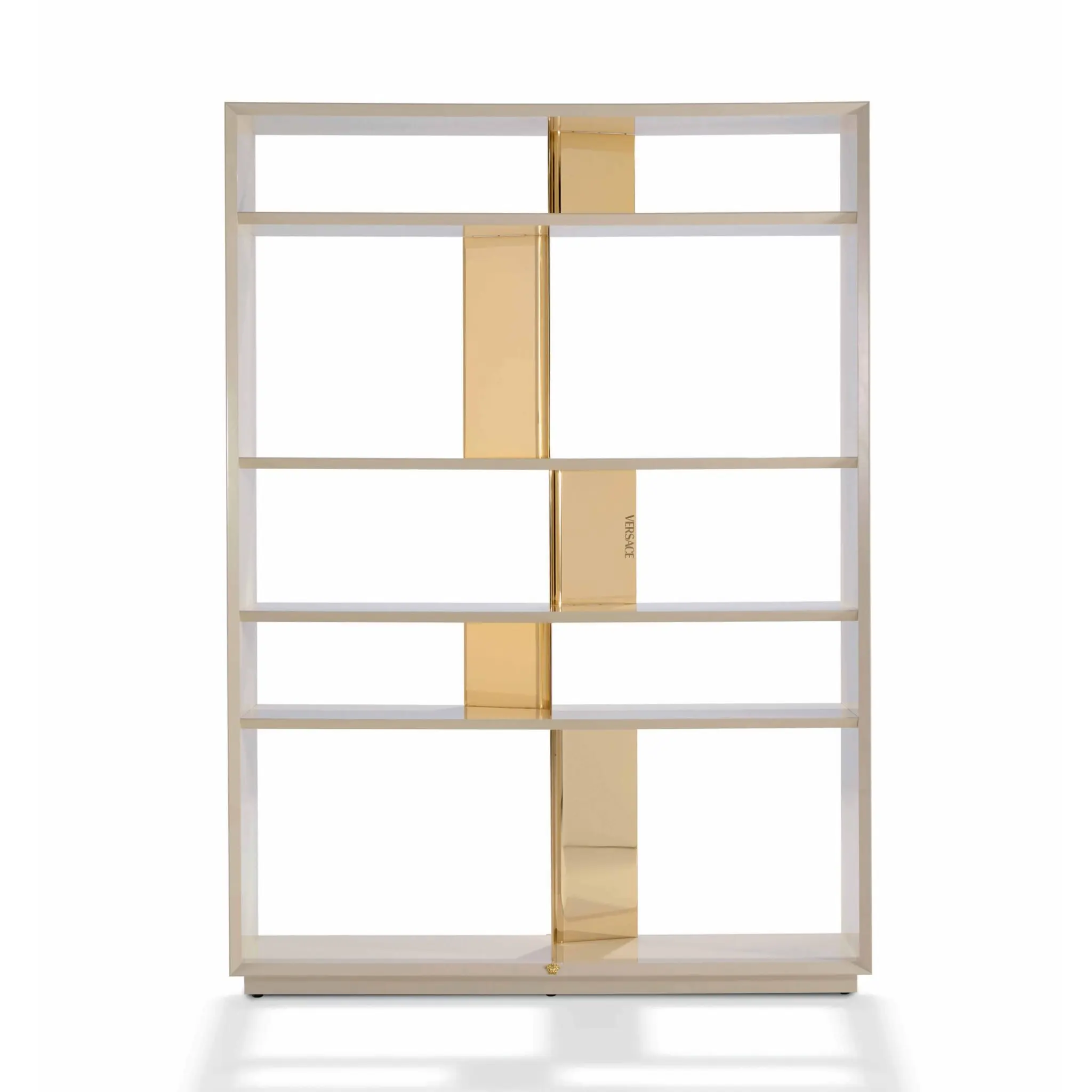 Versace Home La Greca Bücherregal in Ivory mit goldenen Metallelementen, modernes Designregal mit geometrischer Struktur