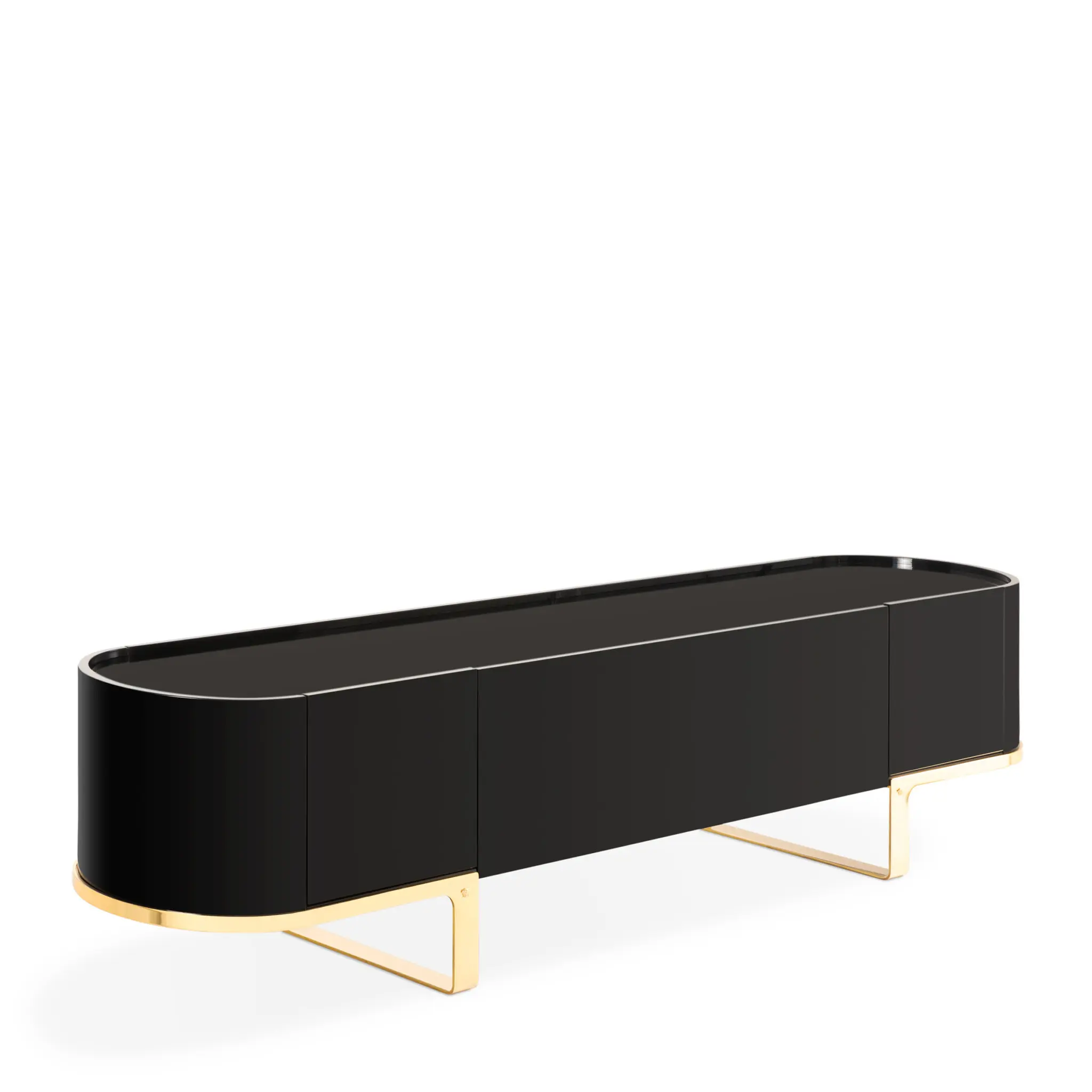 Versace La Medusa Deco Cabinet Lowboard in Schwarz mit goldenen Metallfüßen und gerundeten Seiten