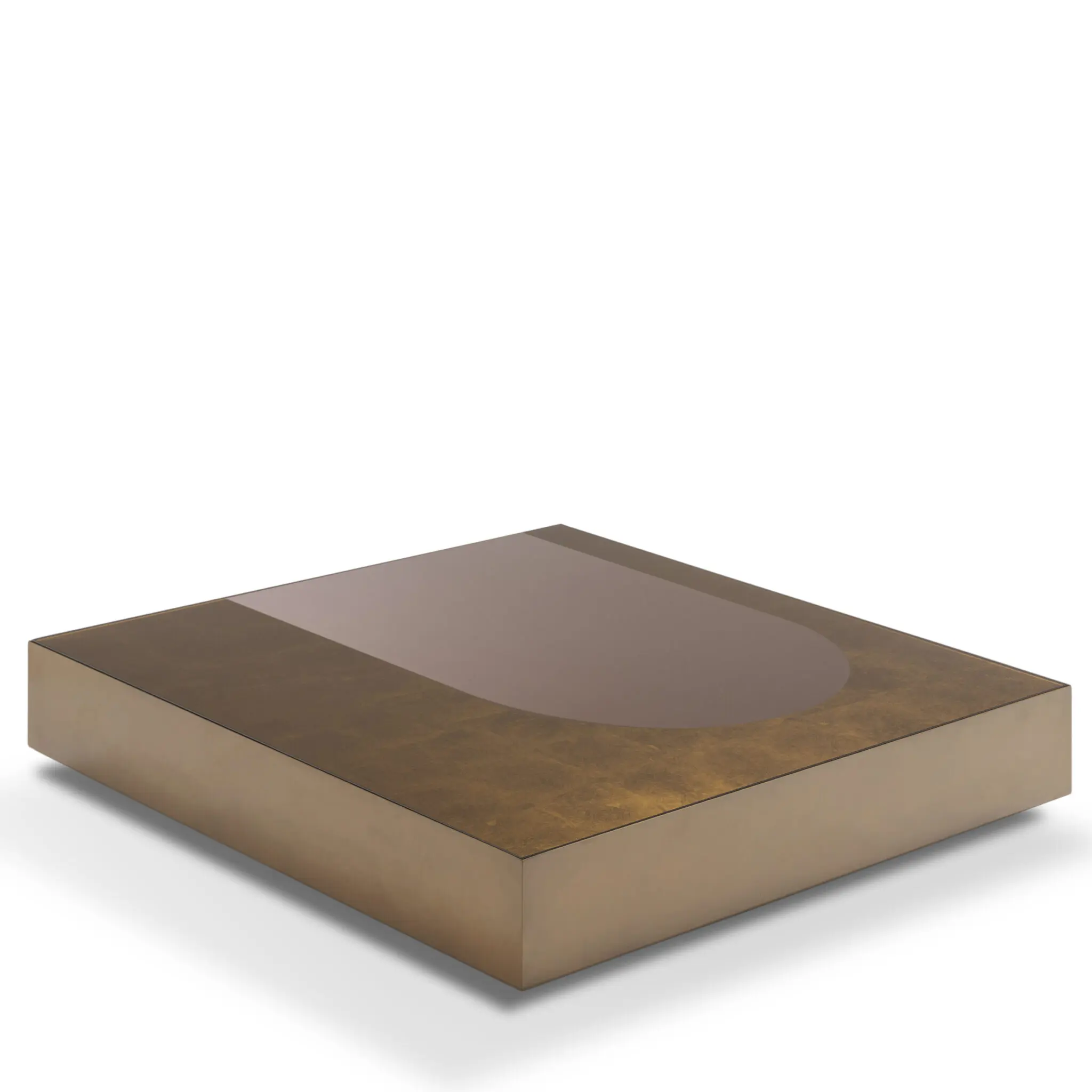 Versace Home Medusa ’95 Decor Coffee Table in Bronze mit quadratischer Glasplatte und goldfarbener Struktur, 110 × 110 × 21 cm.