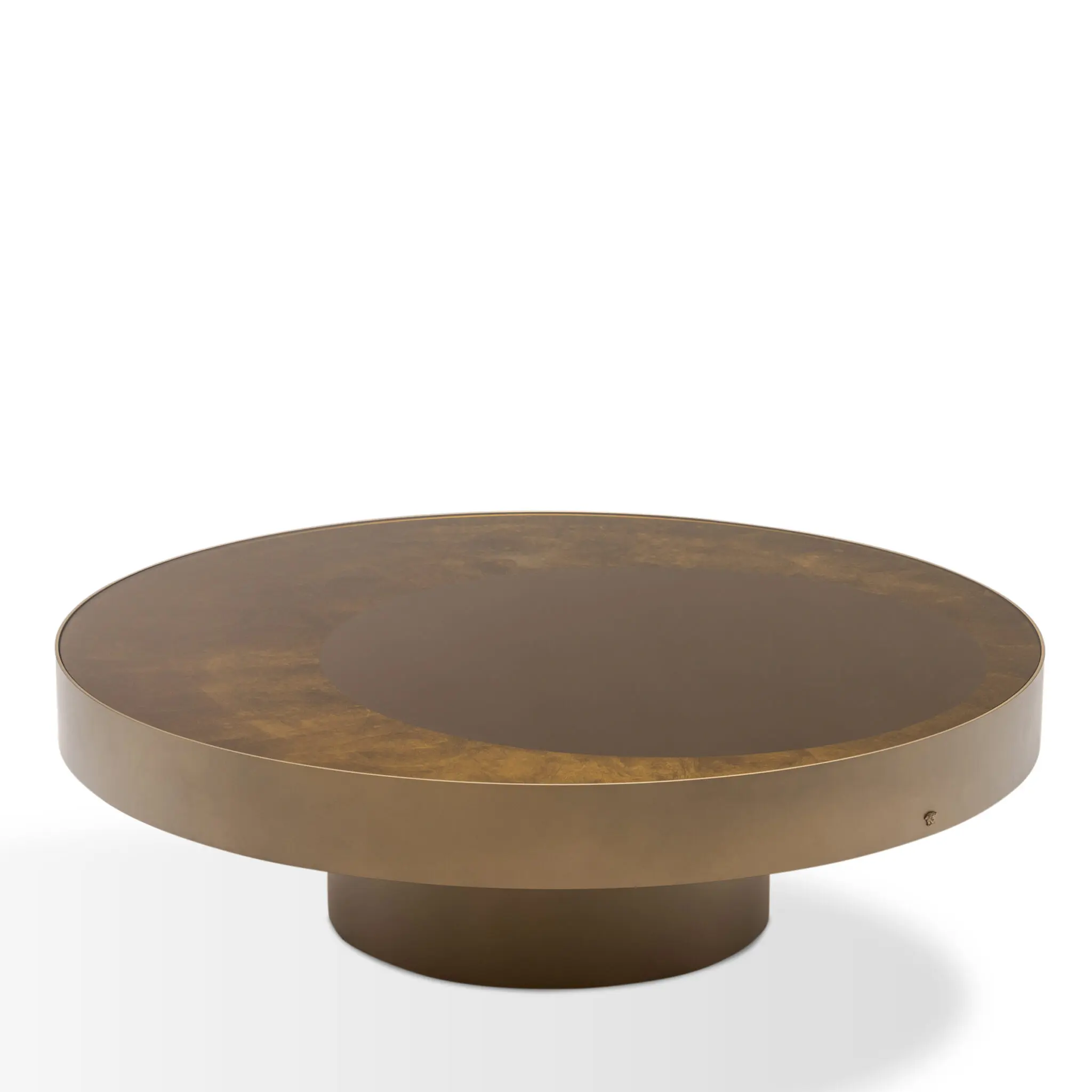 Versace Home Medusa ’95 Decor Coffee Table in Bronze mit runder Glasplatte und bronzefarbener Metallstruktur, Ø 120 × 38 cm.