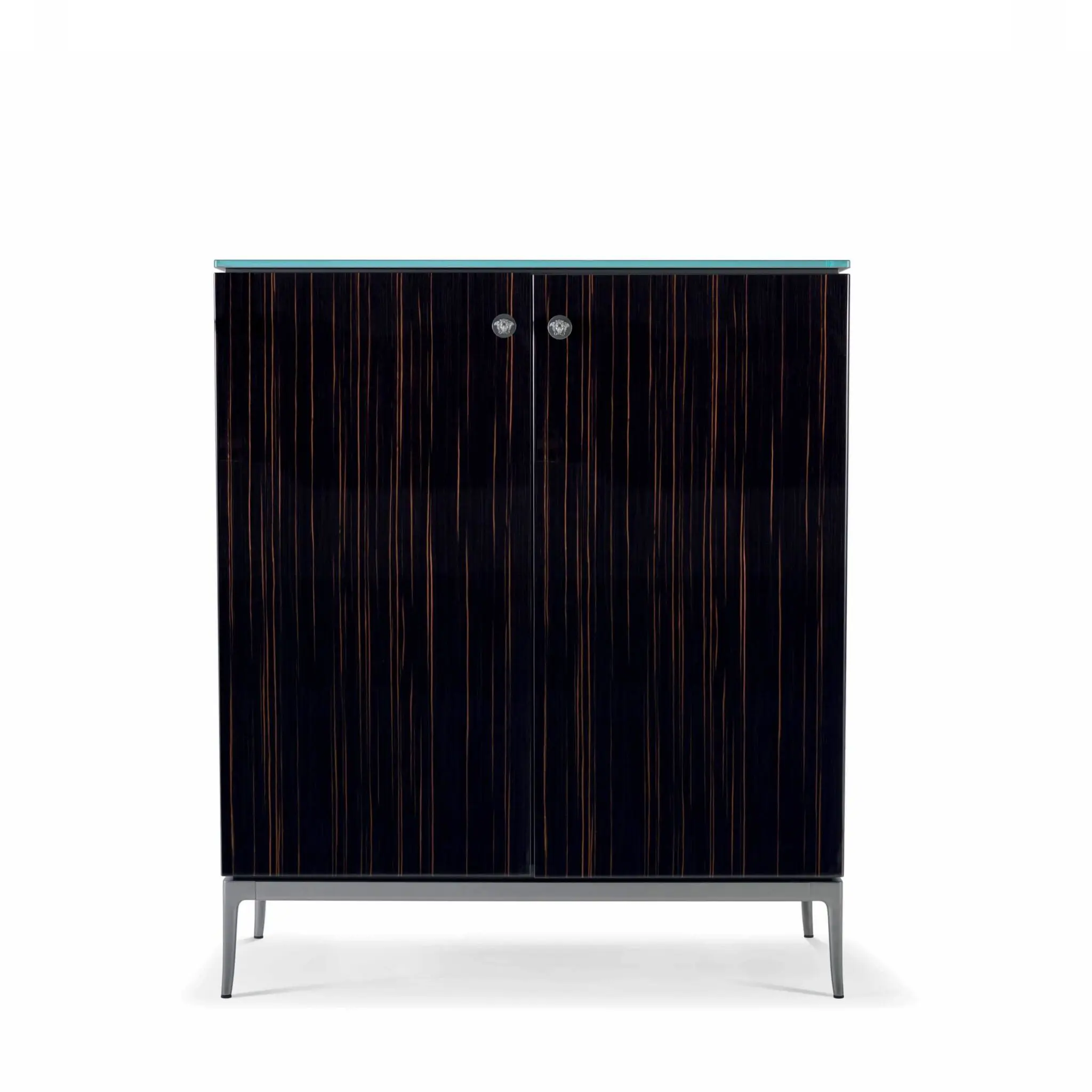 Versace Stiletto Bar Cabinet Minibar mit dunklem Ebony Macassar Holz, vertikaler Maserung, Glasplatte und Medusa Griffen