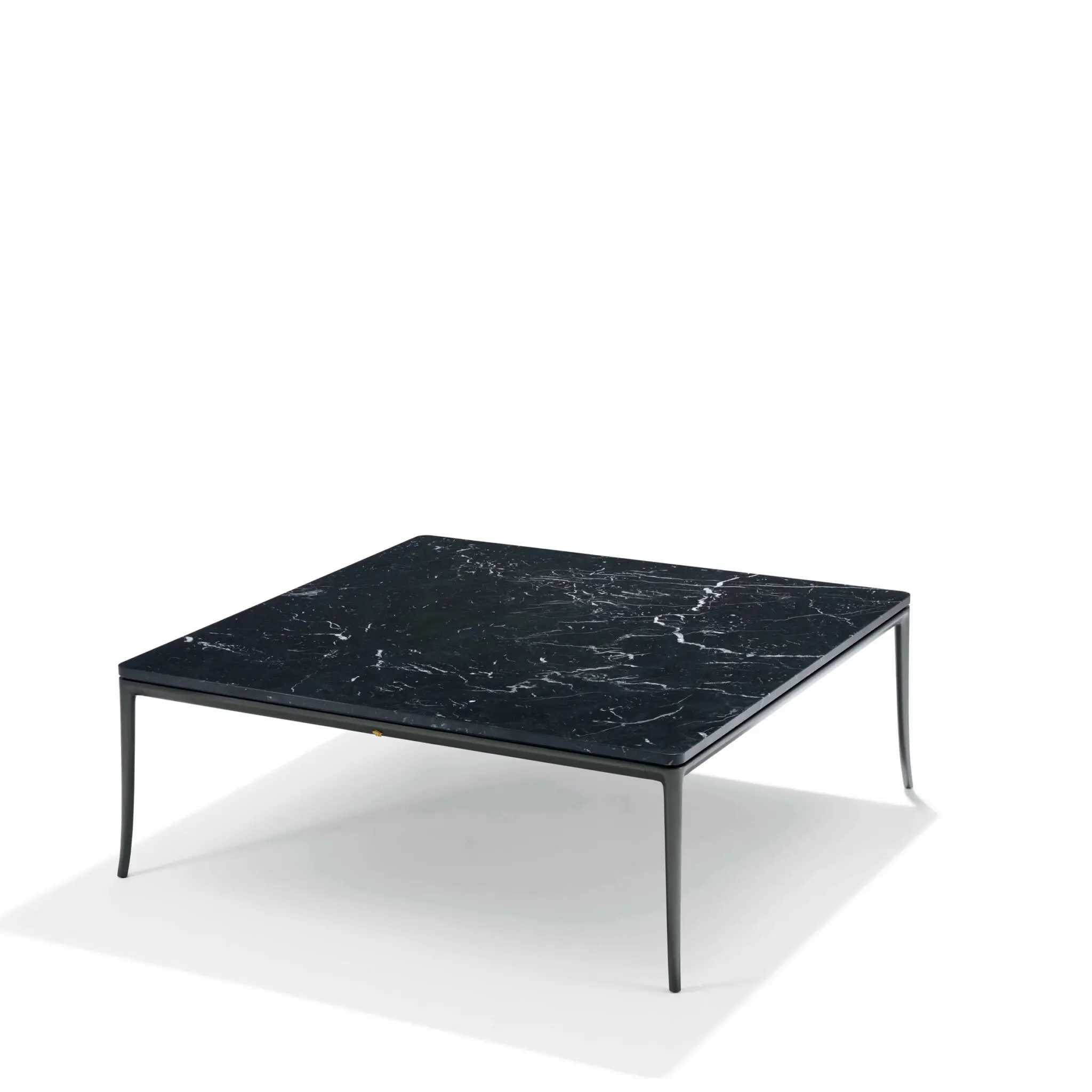 Versace Stiletto Coffee Table mit schwarzer Marquina Black Marmorplatte und Satin Grey Metallgestell