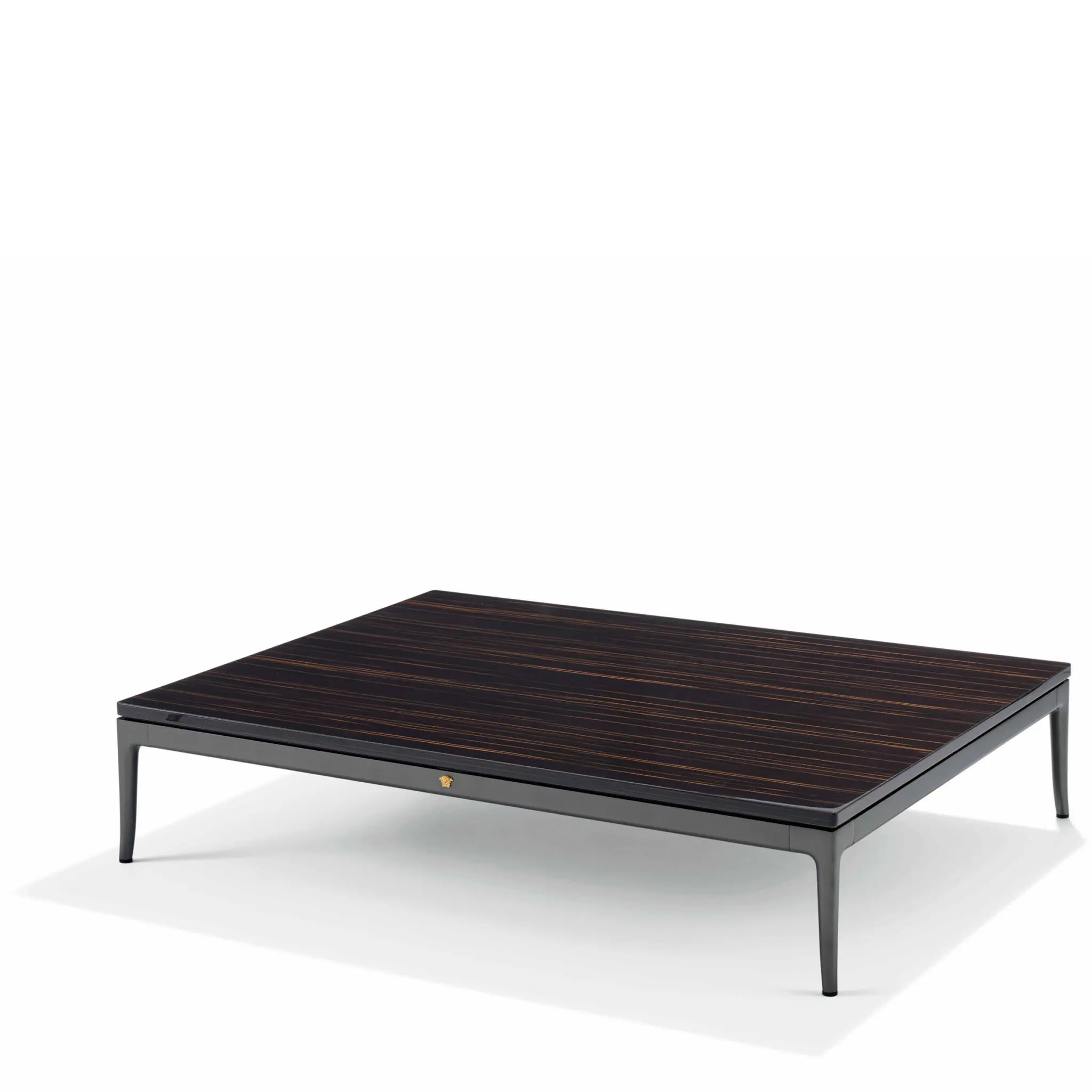 Versace Stiletto Low Coffee Table mit Ebony Macassar Holzfurnier und Satin Grey Metallgestell
