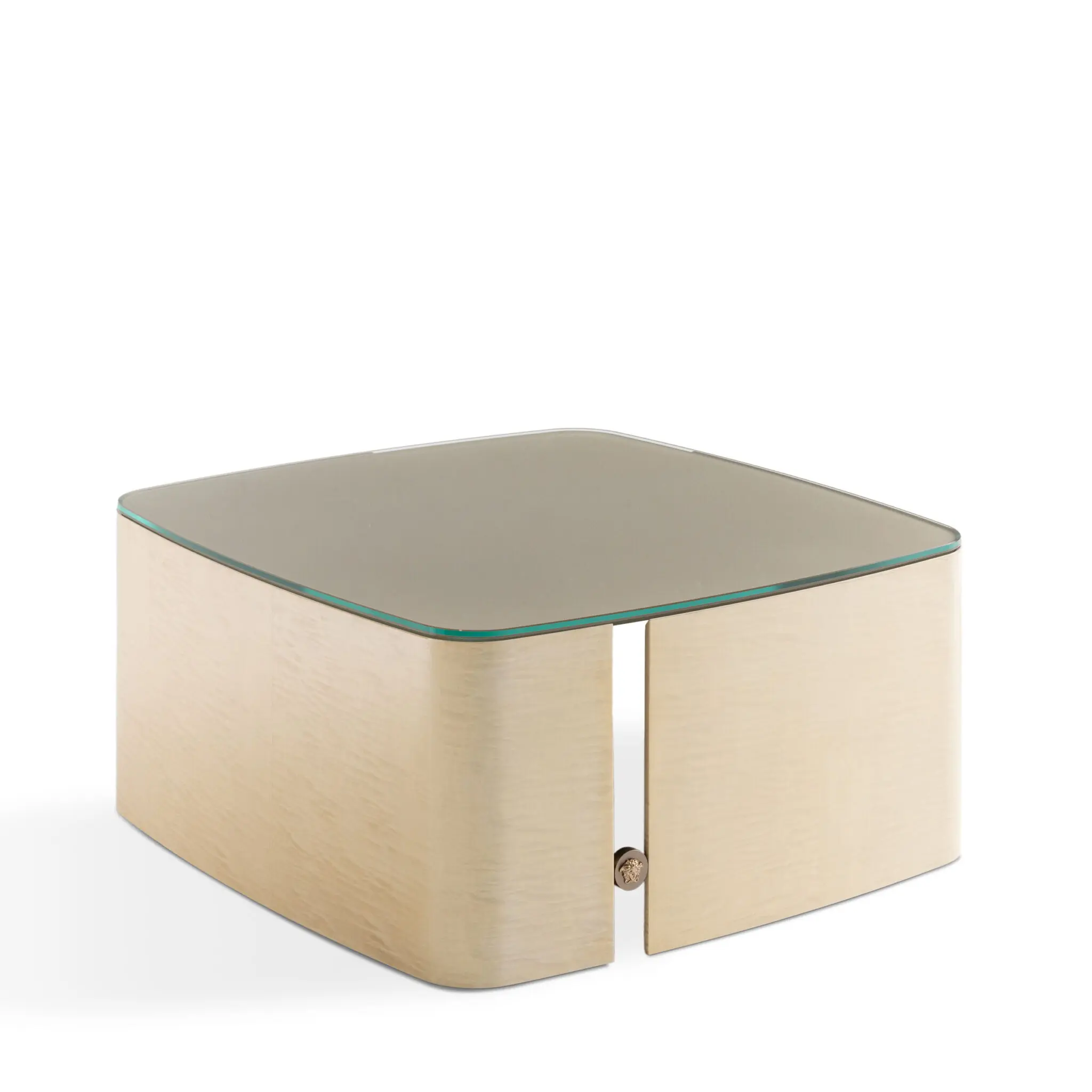 Versace The Stage Coffee Table in Honey Awari mit grauer Glasplatte und gerundeter Form