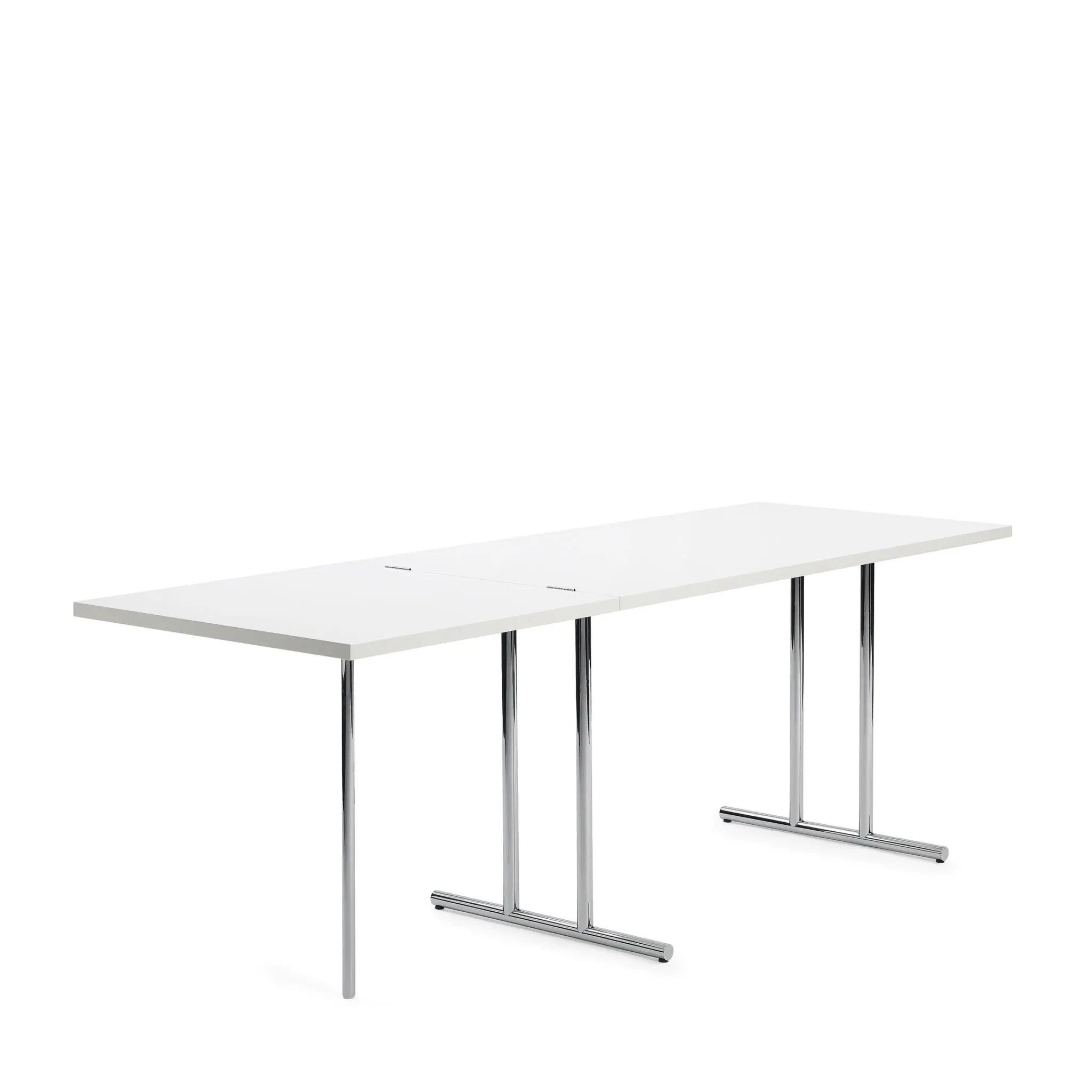 ClassiCon Lou Perou Design Klapptisch von Eileen Gray mit weißer Hochglanzplatte und verchromtem Stahlrohrgestell