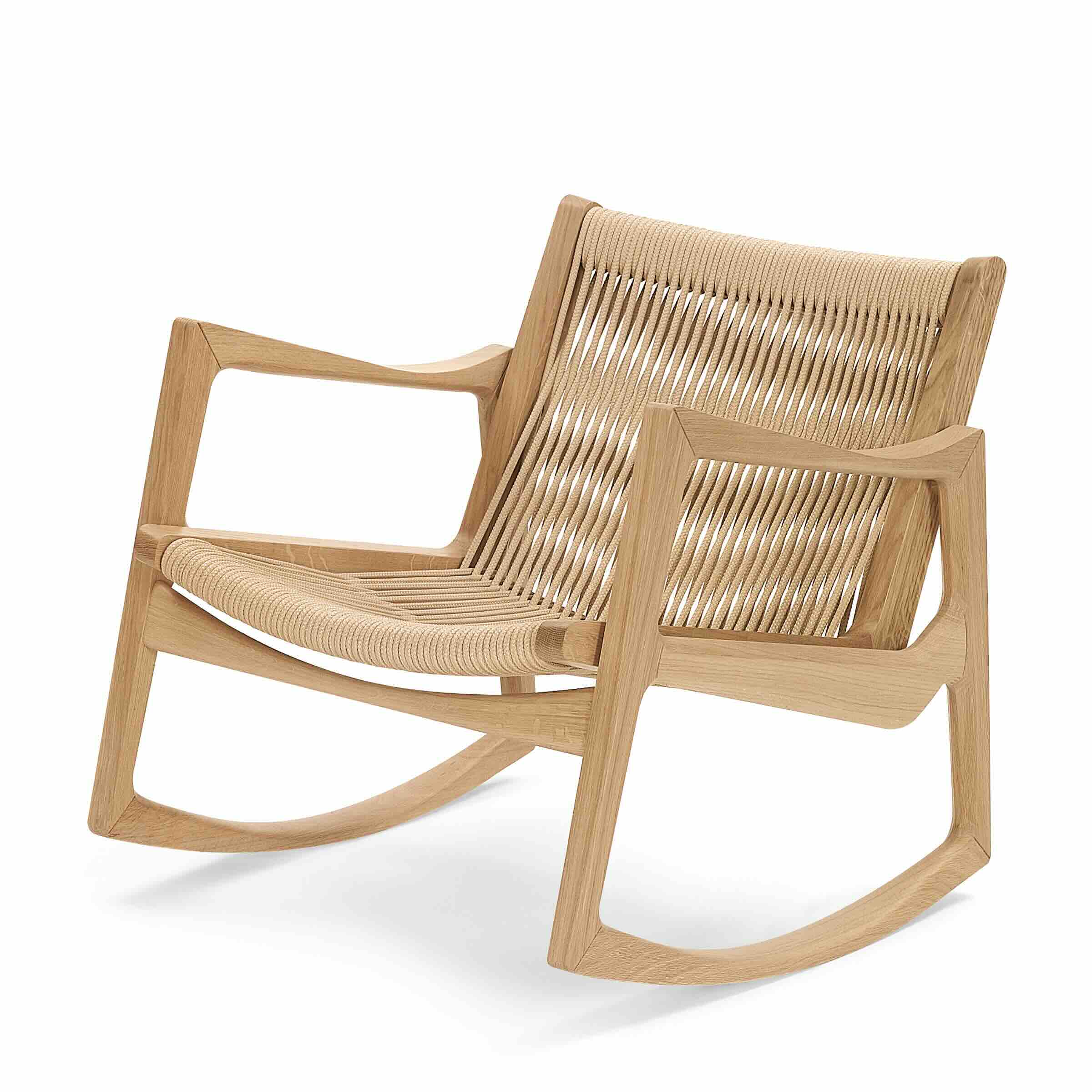 Euvira Rocking Chair von Jader Almeida in massiver Eiche mit hanffarbener Kordelbespannung